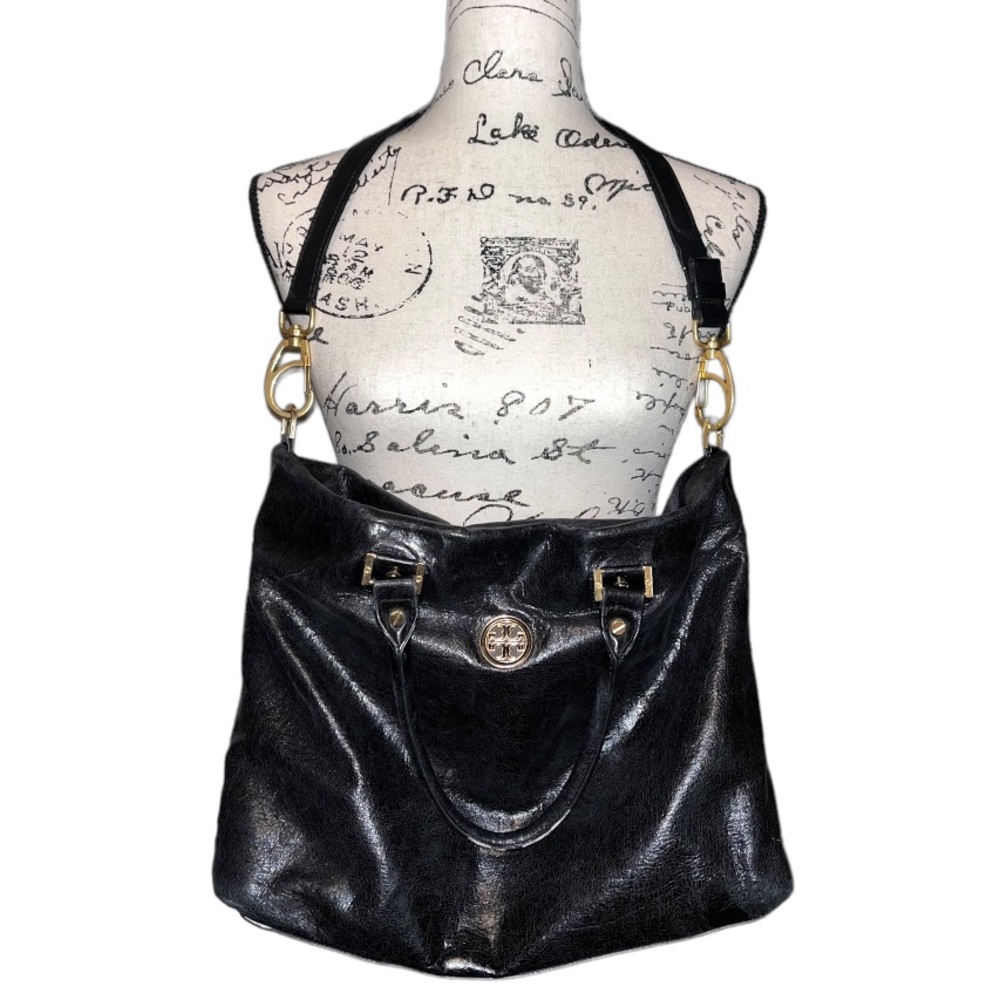 TORY BURCH Dena Tote Black Crinkle Leather Satchel Detachable Shoulder Strap Bag